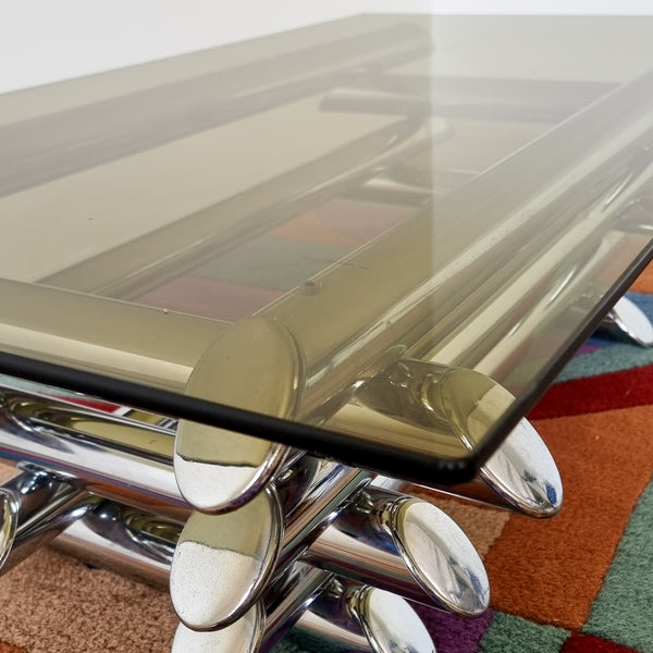 1970s Tubular Chrome and Smoked Glass Coffee Table