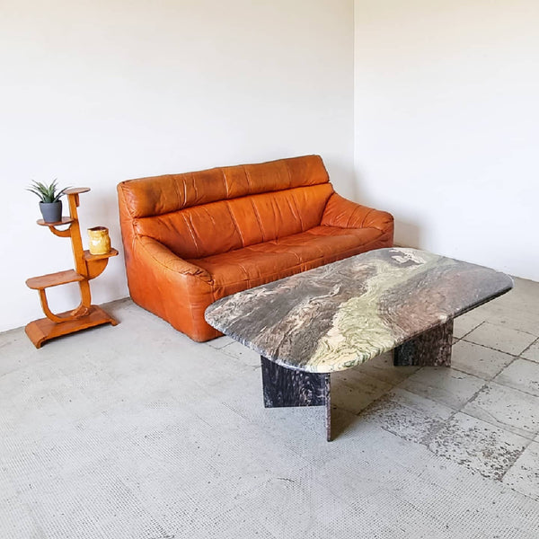 § Cognac Leather 70s Rolf Benz Sofa