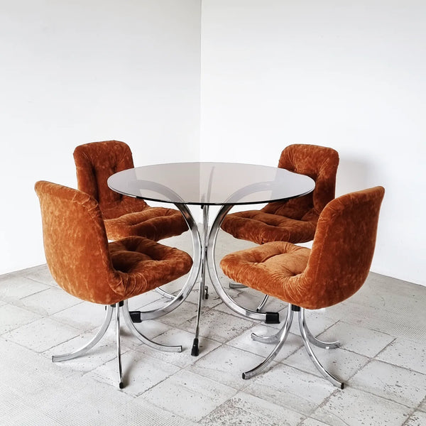 § 1970s Italian Smoked Glass and Chrome Dining Table and Chairs