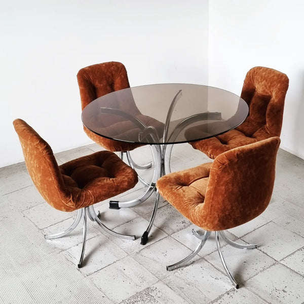 § 1970s Italian Smoked Glass and Chrome Dining Table and Chairs
