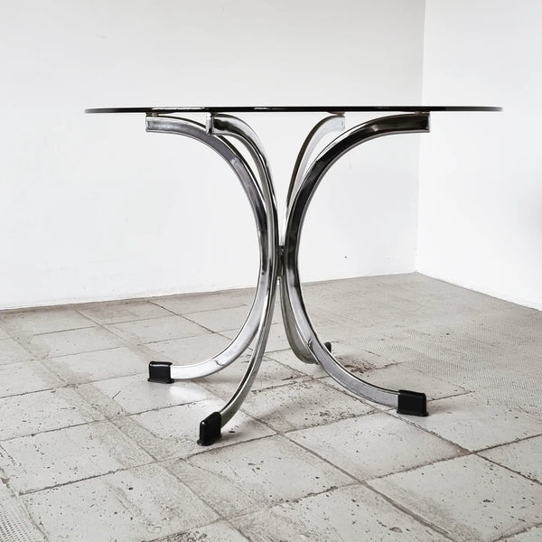 § 1970s Italian Smoked Glass and Chrome Dining Table and Chairs