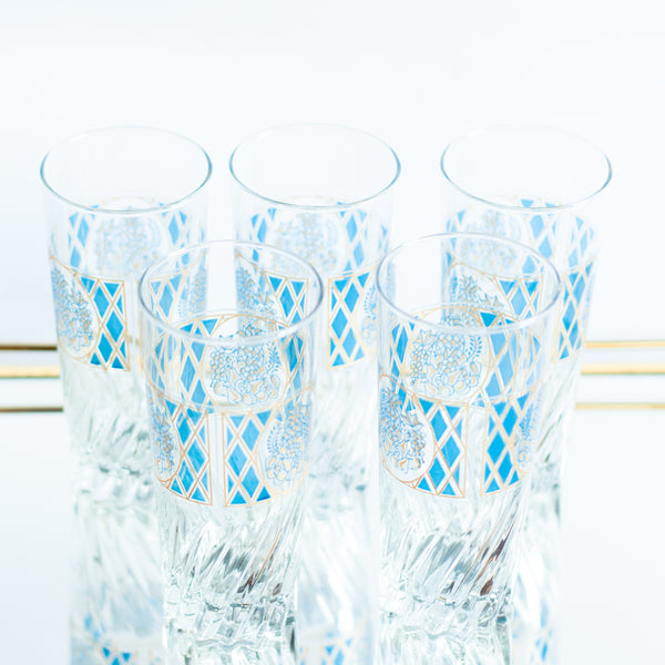 § Set of 5 Midcentury Blue and Gold Tumblers