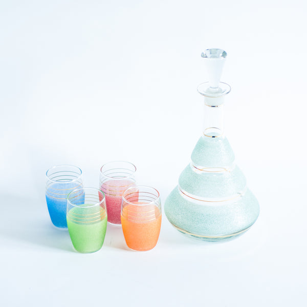 § Set of Midcentury Frosted Glass Art Deco Carafe and Tumblers