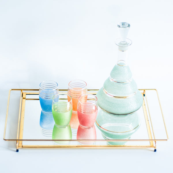 § Set of Midcentury Frosted Glass Art Deco Carafe and Tumblers