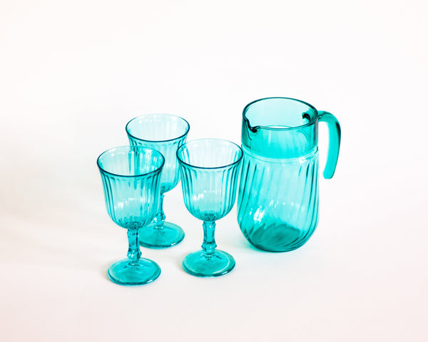 § Turquoise Pitcher Set Arcoroc Swirl Pattern